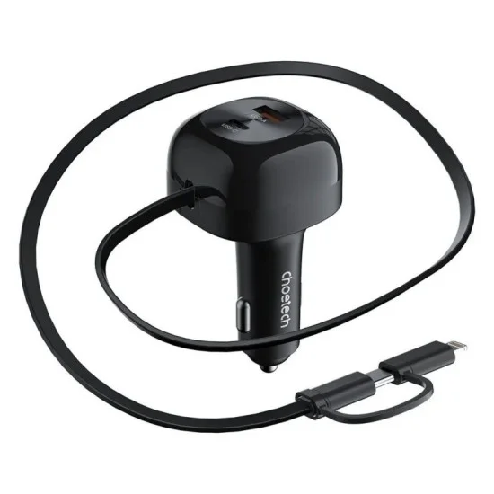 Choetech PD45W USB-C+USB-A  Car Charger with C+L Interface Stretchable Cable - Black